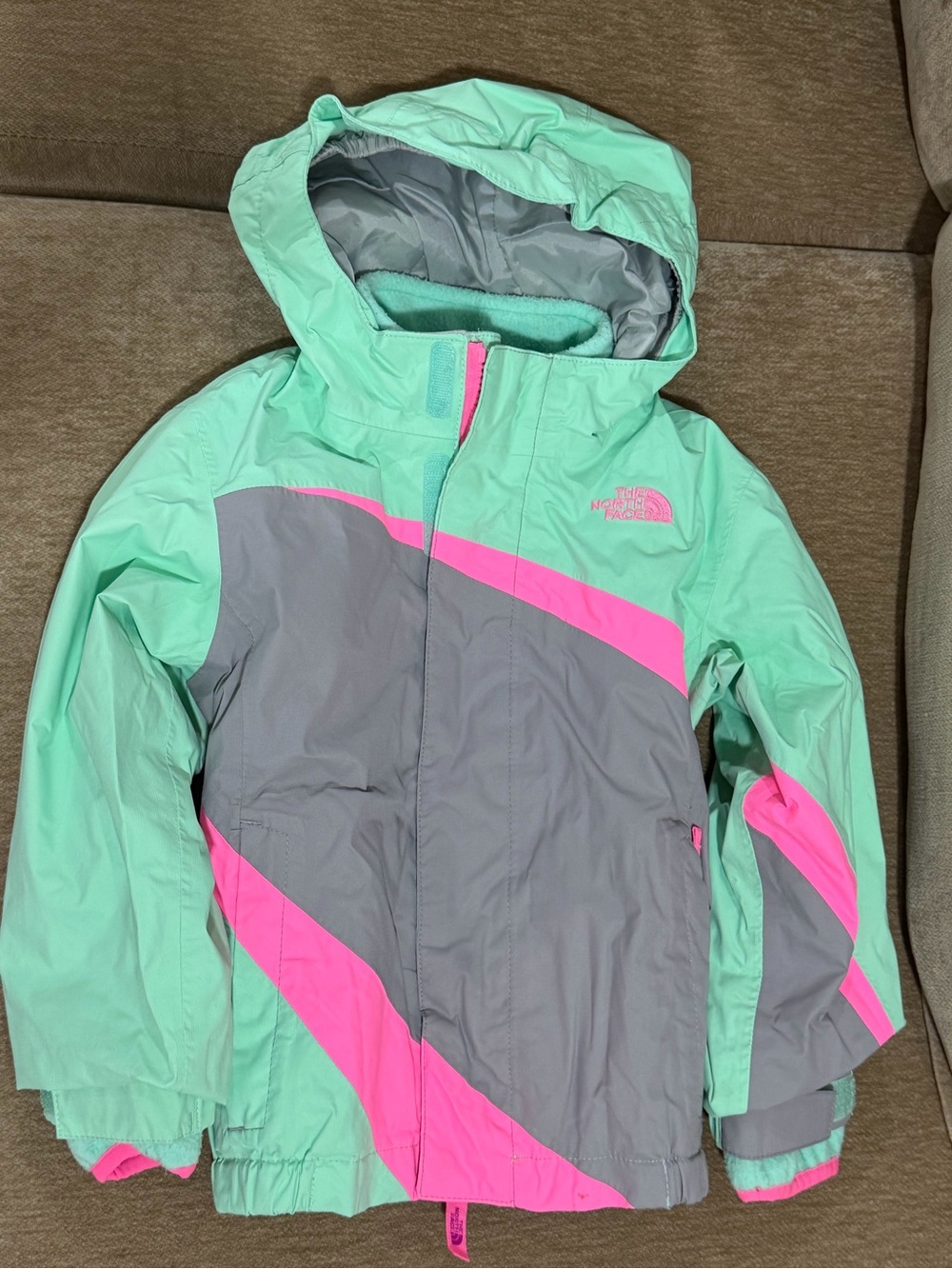 The North Face Girls Mint Green Gray Pink Colorblock Hooded Jacket